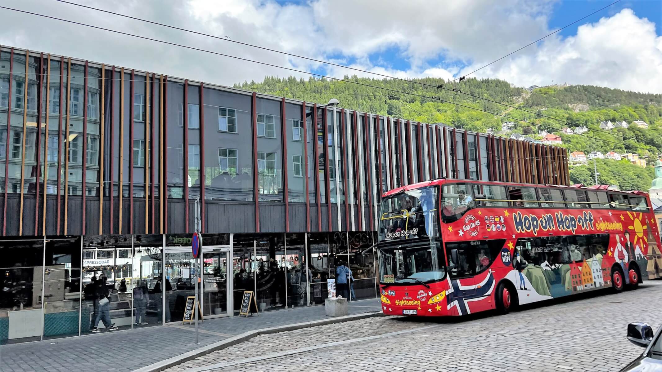 Hop on bus parked close to the cruise terminal in Bergen.